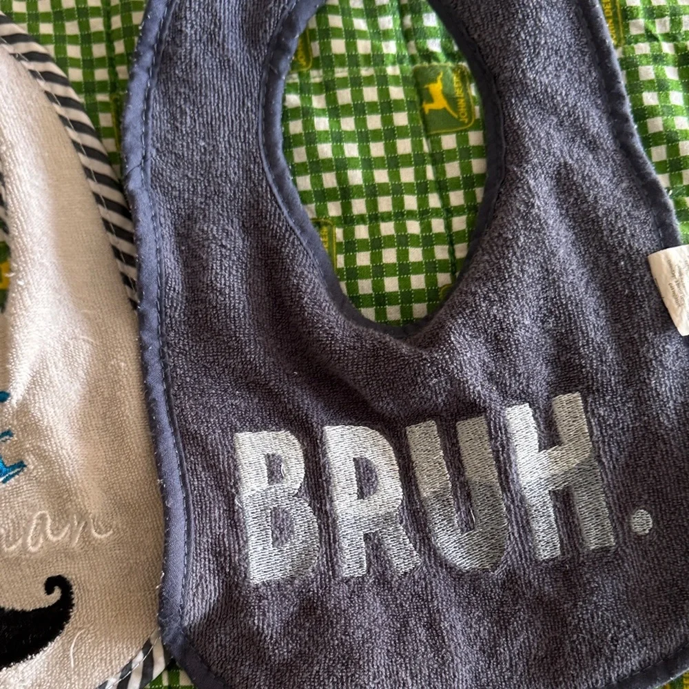 Adorable Dino and Mustache Baby Bib Set - Gray, Cream, Blue